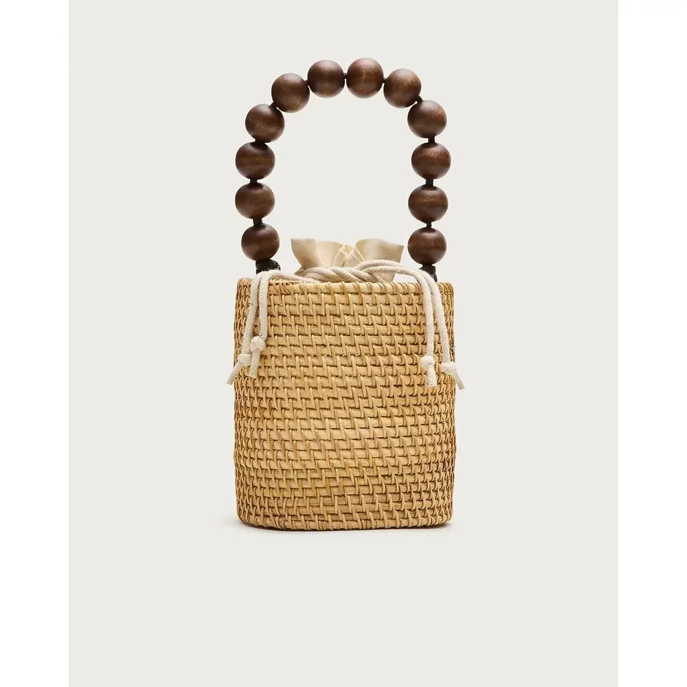 J.Crew Handknotted Rattan Bucket Bag Wood Beaded Top Handle Straw Purse NWOT